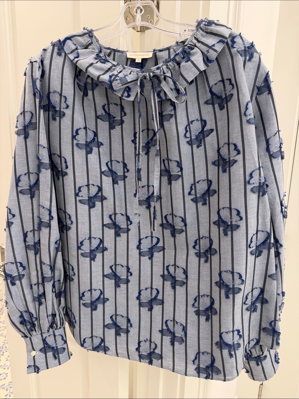 ANN MASHBURN Light Blue Navy Floral Stripe Ruffle-Neck Blouse